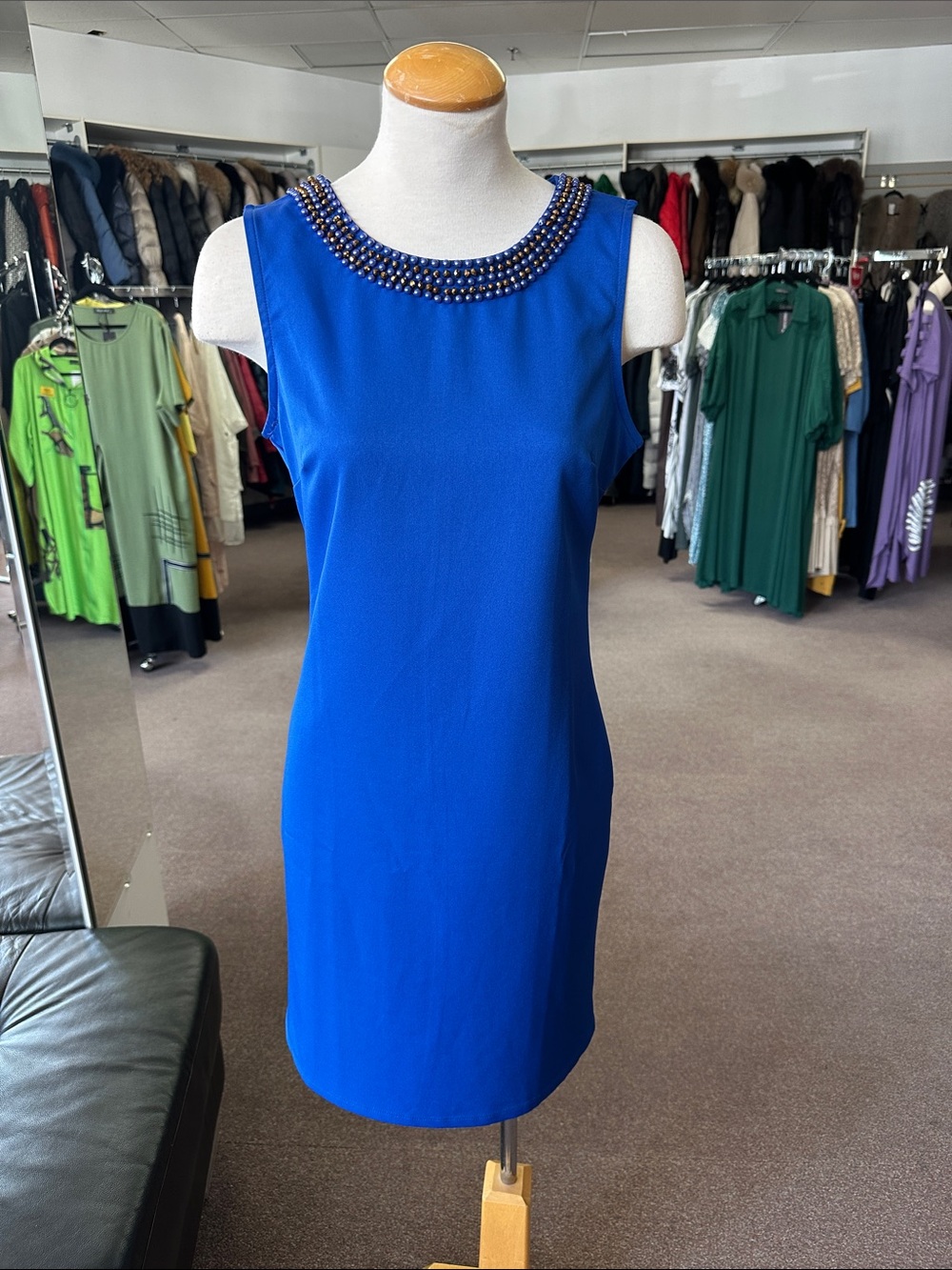 Beaded Neckline Sleeveless Mini Dress in Royal Blue size S, M